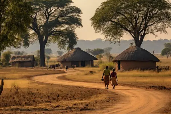 Villaggio nella savana africana al tramonto